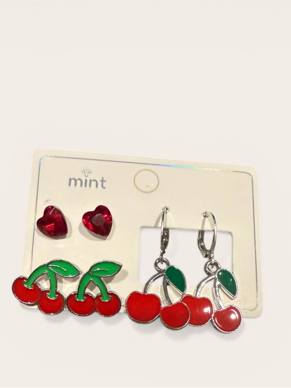 Mint Red Cherry and Green Leaf Earring Trio Set